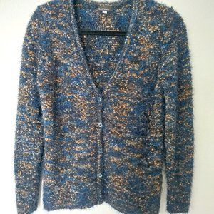 Bianca. Blue and Gold Whisker Knit Chenille V-Neck Button Down Cardigan